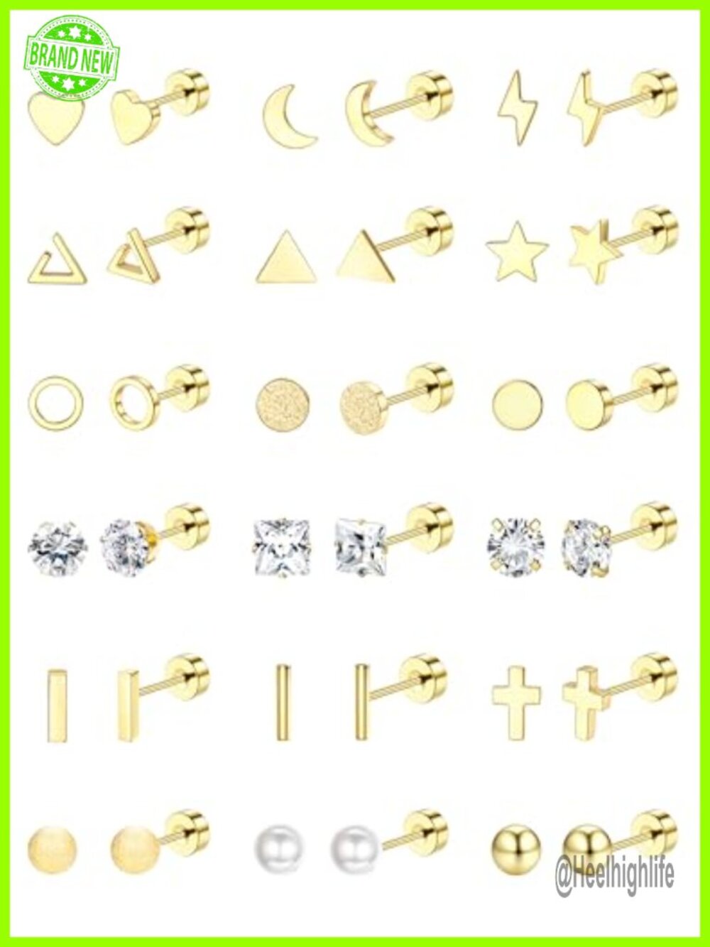 18 Pairs Surgical Stainless Steel Stud Earrings 20G Cartilage Screw Flat Back